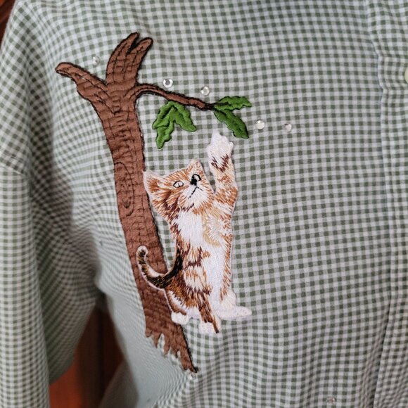 Las Olas Green Checkered Long Sleeve Cat Embroidered Shirt XL - Picture 3 of 10